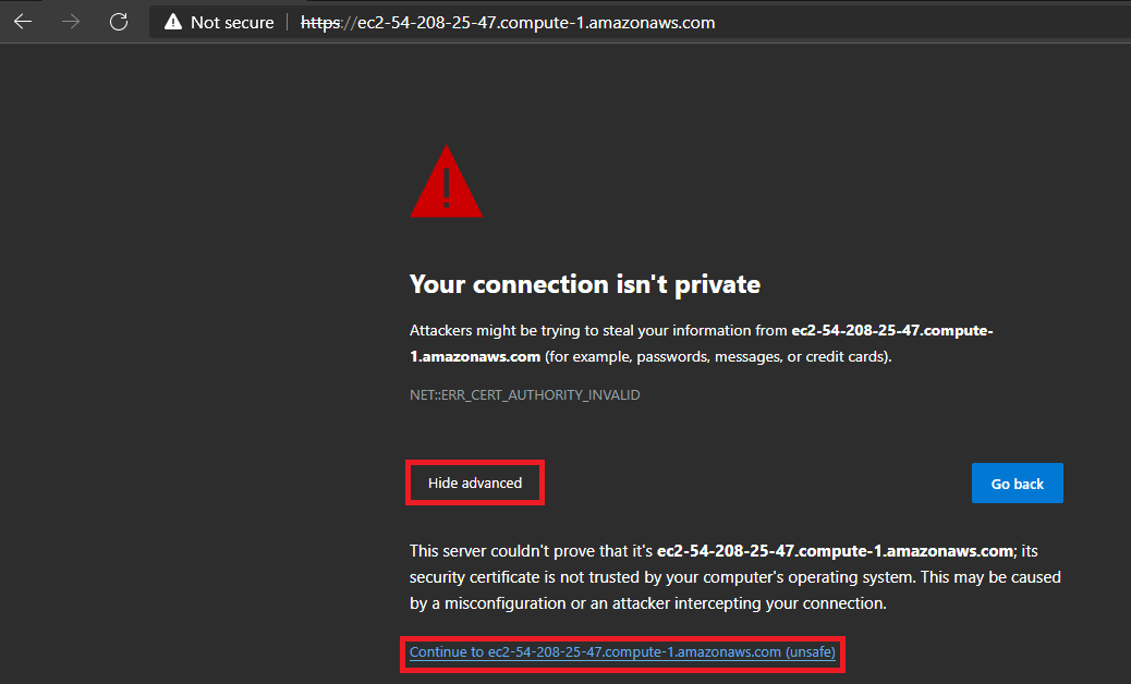 Select ‘advanced’ to bypass the warning that the page isn’t secure